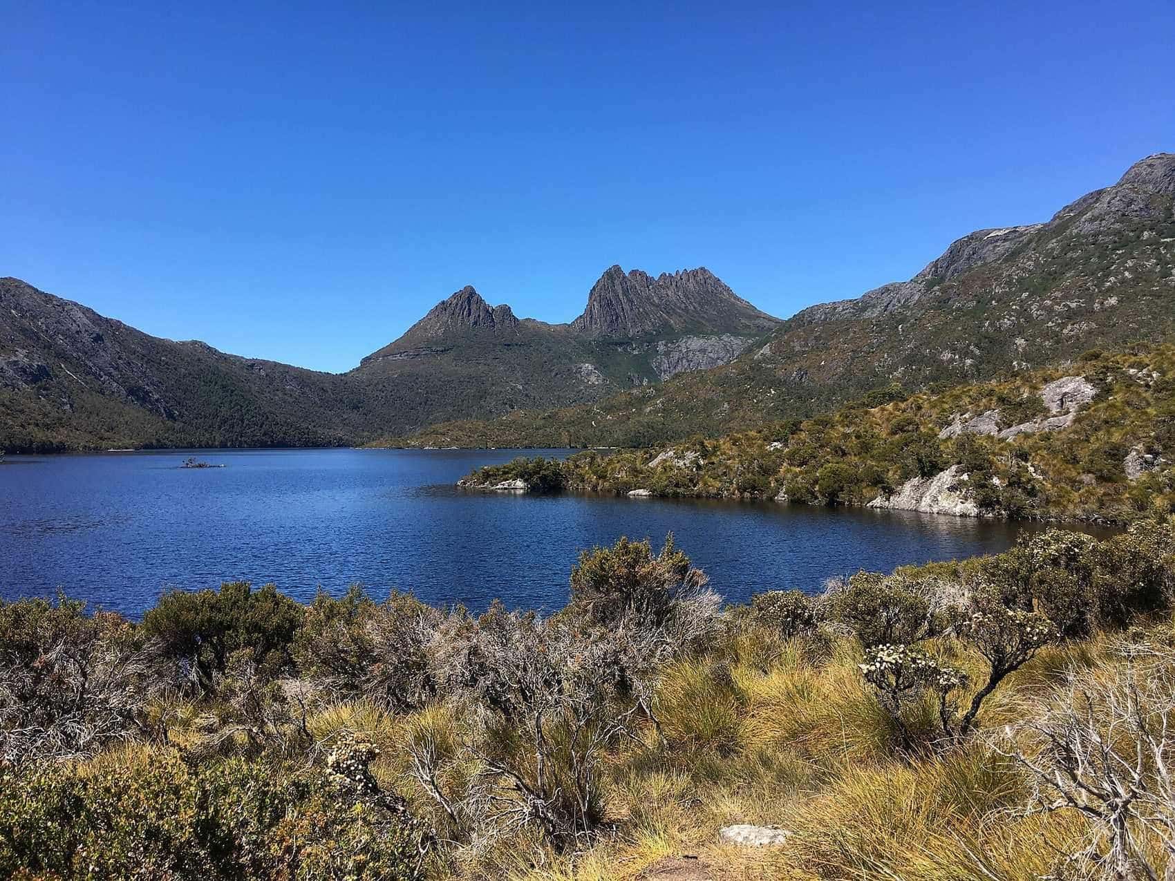 Cradle Mountain rising above Dove Lake in Tasmania