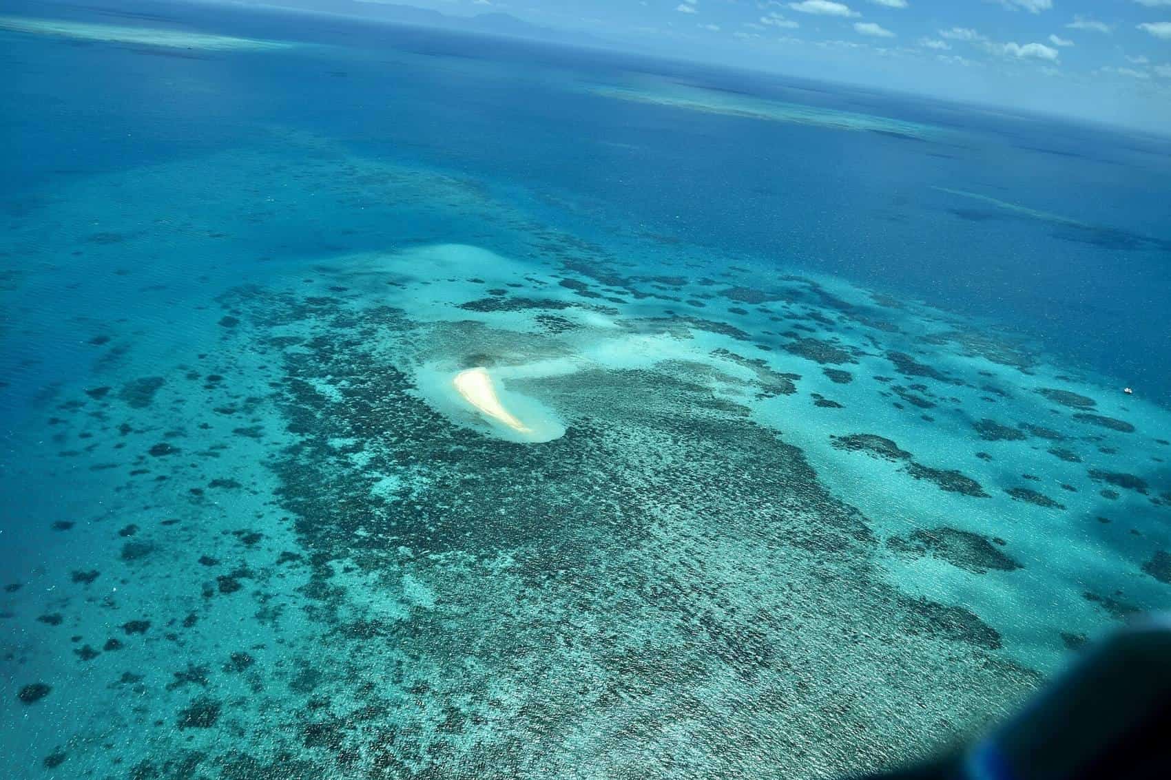 Aerial view of reefs and lagoons on the Great Barrier Reef